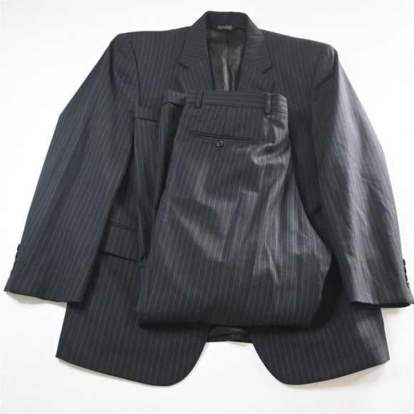 Jos A Bank 42S 34x30 Black Striped 100% Wool Mens Jacket Pants Suit